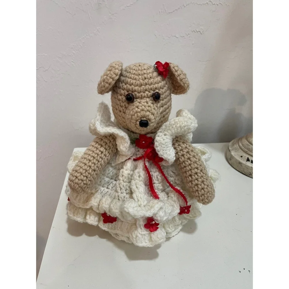 Handmade Crochet Teddy Bear‎ Plush Tan White Red Dress Small Excellent Amigurumi